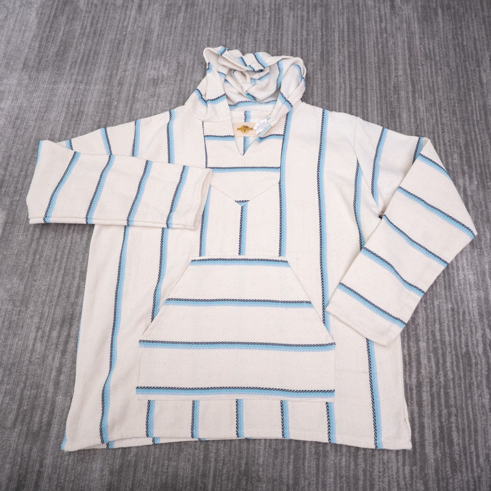 Earth Ragz Baja Hoodie Mens L Cream Blue Excellent Woven Pullover Sweatshirt